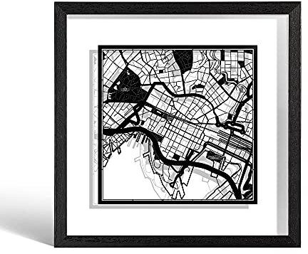 O3 DESIGN STUDIO Oslo Papierschnittkarte, gerahmt, schwarze Karte, schwarzer Rahmen, 23 x 23 cm, in Geschenkbox, 2 Hintergrundfarben, selbstwechselnd, Papierkunst