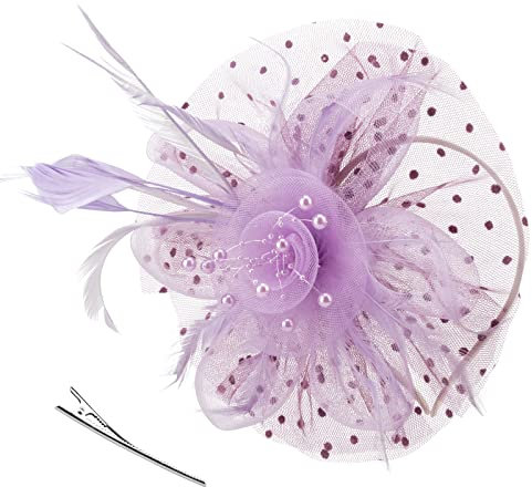 DRESHOW Fascinators Hat Flower Mesh Ribbons Feathers on a Headband and a Forked Clip Cocktail Tea Party Headwear for Girls and Women
