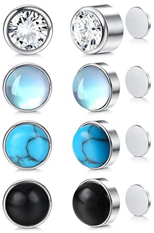 LOLIAS 4 Paar Magnetische Ohrstecker für Damen Herren Zirkon Mondstein Ohrringe Türkis Schwarz Ohrringe Runde Edelstein Magnet Nicht Piercing Ohrclips