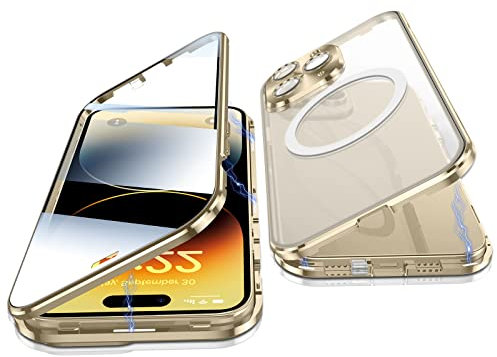 Jonwelsy Hülle für iPhone 14 Pro Max, 360 Grad Beidseitig Schutz Kompatibel mit Magsafe Magnetische Adsorption Metallrahmen Case Vorne Glas Hinten Frosted PC Cover Handyhülle für 14 Pro Max (Gold)