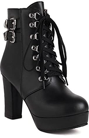 bbruriy Damen Chunky Heel Plateaustiefel Heels Sexy Round Toe Lace Up High Heels Mid Wadenstiefel Herbst Winter Mode Kleid Schuh Größe 45 Schwarz