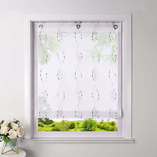 Heichkell Raffrollo ohne Bohren Voile Raffgardine mit Ösen Transparenter Vorhang mit Hakenaufhängung Ösenrollo mit Moderner Stickerei Grau BxH 100x140cm