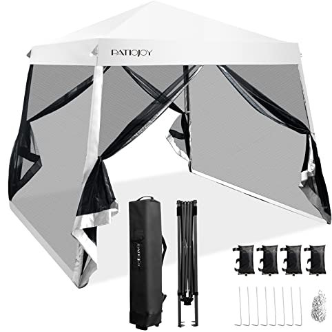 COSTWAY Tonnelle Pliante 3 M x 3 M Imperméable Protection UV, Tente avec Parois Latérales en Maille Jambes Inclinées Sac de Transport, Réglable en Hauteur, pour Patio, Camping (Blanc)