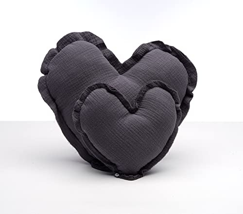 von Herzen Handmade Musselinkissen aus 100% Baumwolle Kuschelkissen I Dekokissen aus Musselin in Herzform I Herzkissen für Sofa & Bett I Handgenäht (Groß (Ø ca. 32cm), Dunkelgrau)