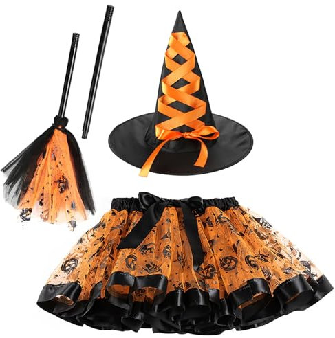 Hifot Disfraz Bruja Niña,Tutu Halloween con Sombrero Bruja Escoba Bruja Disfraz Halloween Niña Disfraces Carnaval Cosplay Fiesta