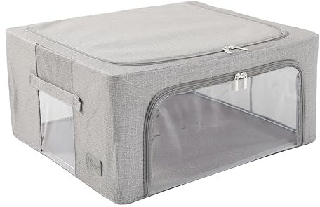 Periea ‘Beau’ Folding Collapsible Stackable Fabric Home Storage Boxes with Steel Frames (Grey Denim Effect, Medium)