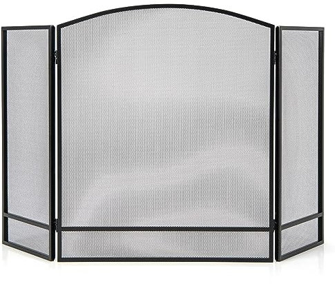 TANGZON 3 Panel Foldable Fire Screen, Metal Spark Fire Guard with Leaves Pattern, Indoor Outdoor Freestanding Safety Fireplace Fence for Coal Firing, Stoves and Grills (No Pattern, 123 x 74cm)