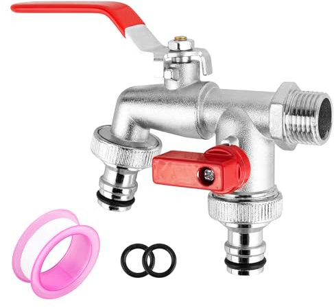 DMJJSD Wasserhahn Garten Doppel Auslaufhahn 1/2 Zoll & 3/4 Zoll Kugelhahn Doppelwasserhahn aus Messing mit 2 * Gratis Schlauchanschlüsse1*Rollendichtband, Doppelanschluss und Schlauchtülle(Rot)