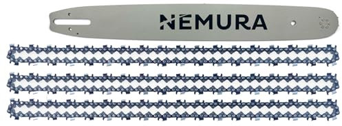 Nemura Guide de 45 cm et Lot de 3 Chaînes de tronçonneuse - 68 Maillons Entraîneurs - Pas 3/8 - Jauge 0.58 (1,5mm) - Pièces Détachées de qualité professionnelle pour Outillage - Marque Française