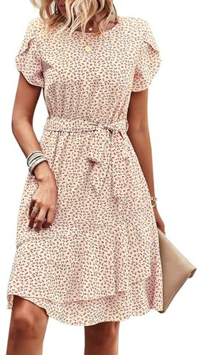 IFFEI Sommerkleid Elegante Kleider Damen Damen Leicht Boho Blumenkleider Kurz Rüschen Strandkleid mit Gürtel Rot-beige XL