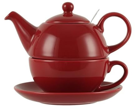 London Pottery Globe Filter Teapot, Cup and Saucer, for One Set, Ceramic, Red, for Loose Leaf Tea, Gift (Teapot-16.9 fl.oz/500 ML, Cup-10.1 fl.oz/300ML)