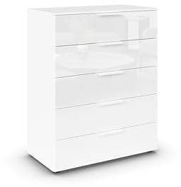 B0CWMHFPH7 Rauch Möbel Flipp, Hochkommode mit viel Stauraum für Flur, Wohnzimmer, Schlafzimmer, Alpinweiß/Glasfront Weiß, 5 Schubkästen, Griffe weiß, 80x100x42cm