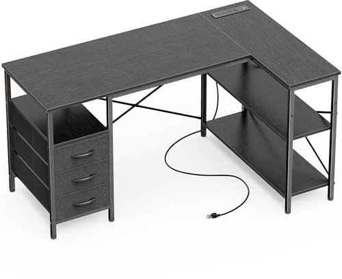 Huuger L Shaped Desk with Power Outlets, Computer Desk with 3 Drawers, 47 Inch Office Desk with Shelves, Gaming Desk, Corner Desk Work Desk for Home Office, Study, Black
