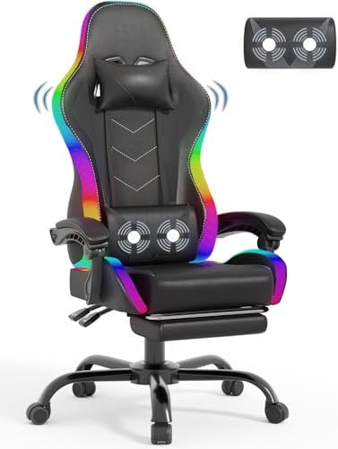 Devoko LED Gaming Chair with Footrest – Ergonomic Reclining Game Chair for Adults with Massage Lumbar Cushion, RGB Lights, High Back, Adjustable PC Gamer Chair, Black