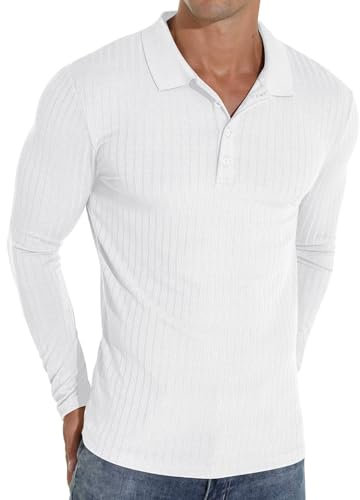 Sailwind Polo Shirts for Men Long Sleeve Tshirts Slim Fit Casual Shirts Classic Stretch Tops Golf Tee (White, M)