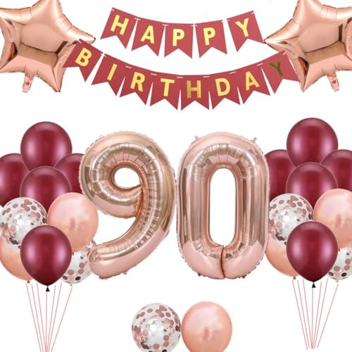 Burgund Rose Gold 90. Geburtstag Dekorationen, Riesige 90 Folienballon Geburtstag Deko für 90 Jahre alt Frau Mütter Großmütter Thematische Geburtstagsfeier Dekorationen