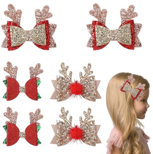 JIEYAO 6pcs Pinces à Cheveux de Noël avec Noeud à Paillettes, Épingles à Cheveux en Bois de Noël Accessoires pour Cheveux à Noeud Rouge pour Bois de Renne Pinces à Cheveux à Paillettes pour Filles