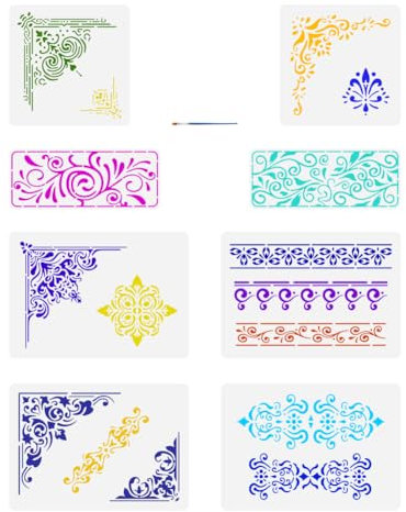 FINGERINSPIRE 8 Stück Marokkanische Zeichenschablone Für Bordüren Und Ecken Mit Pinsel 3 Größen Mandala Malvorlage Für Bodenfliesen Griechische Schlüsselblumenranken Schablone Zum Malen Auf Holz