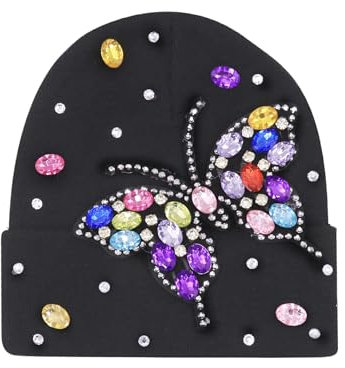 Eilova Orityle Y2K Mütze mit glitzernden Strasssteinen für Damen, Totenkopfmütze, Winter, Strick, Schnee, weiche Mütze, dehnbare Skimützen, Butterfly-schwarz, Einheitsgröße