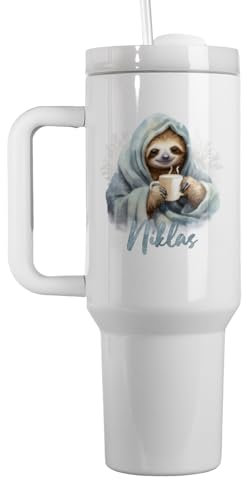 Großer Trinkbecher mit Strohhalm Personalisiert | 1200ml Thermobecher mit Deckel und Strohhalm | Trinkflasche Bedruckt mit Faultier-Motiv und Name | Geschenkidee Ostern Erwachsene | Coffee