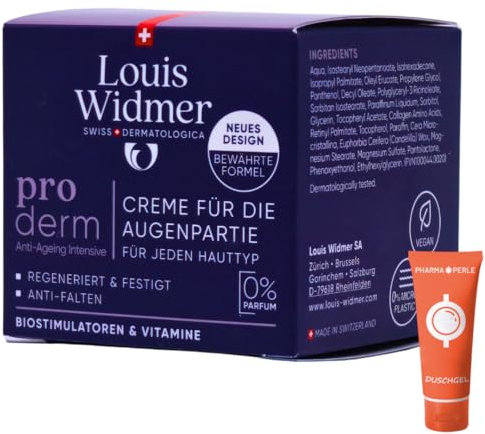 Louis Widmer proderm Creme für die Augenpartie unparfümiert 1x 30 ml I intensiv Anti-Ageing I Feuchtigkeit I regenerierend I für empfindliche Haut mit Panthenol I Spar-Set plus Pharma Perle give-away