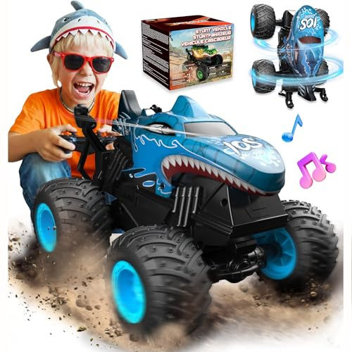 BEZGAR Monster Truck Toys Remote Control Cars for Kids, 1:20 Scale Blue | RC Monstertruck with Light & Music, 360° Spin & Drifting, Dinosaur Toys, Gift for Boys Girls