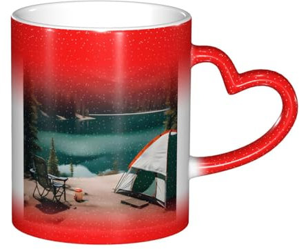 GFXEDSAH Serenity Lake Camping-Tasse aus Keramik, Farbwechsel, kreative Farbwechsel-Tasse, wärmeempfindliche magische Tasse