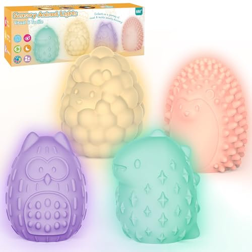 NYOBABE Jouet Montessori Sensoriel Enfant 1-6 Ans,Lampe Sensorielle Thème Animal(4 Textures,7 Couleurs de Lumière),Jeux Sensoriel 6+Mois,Anti Stress Jouet Sensoriel Autisme,Veilleuse Enfant Cadeau