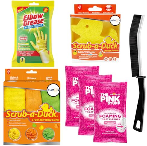 The Pink Stuff Miracle WC-Reinigungspaket – enthält 3 Beutel des Pink Stuff Miracle Power Foaming Toilettenreiniger, Fugendüse, Mikrofasertücher, Gummihandschuhe (M) und Schwamm