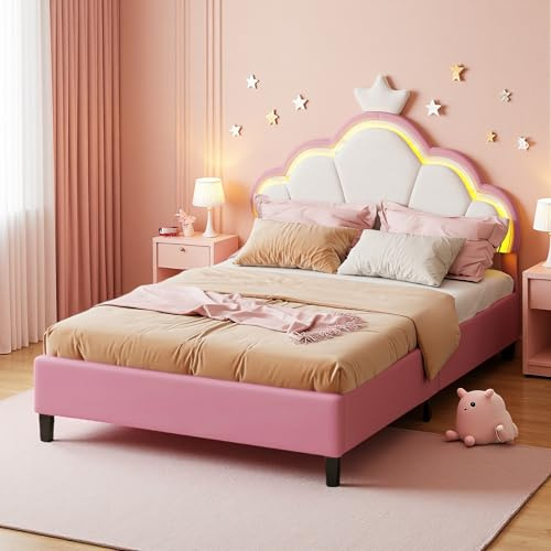 PerGar Kinderbett Polsterbett 90x200cm, Bettgestell für Mädchen, LED Verstellbares Kopfteil, Einzelbett, Bett mit Lattenrost, Kronenförmiges Prinzessinnenbett, Jugendbett, Ohne Matratze, Rosa