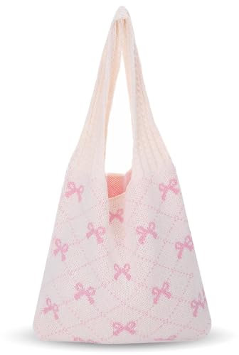 Sac Fourre Tout Femme en Crochet, Beige Sac à Crochet avec Nœuds Roses, Sacs Tissée Décontractée pour Femmes, pour le Shopping et la Vie Quotidienne, Plage, Voyage, Salle Sportet Vacances(Beige)