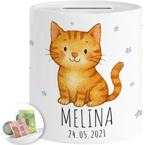 Tassenliebling® Spardose Katze personalisiert Name, Datum - Spardose Kinder mit Tiermotiv - Kinderspardose Mädchen Jungen - Sparschwein, Sparbüchse Geburtstag, Weihnachten, Geburt