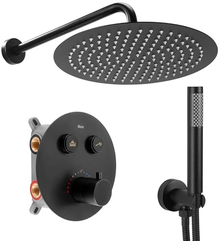Rea Long Black Matt Box Recessed Shower Set Brass Shower System for Bathroom (Matt Black)