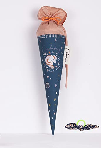 coopz Schultüte Einhorn Nr. 1 mit Haarschleife Dunkelblau Handmade Zuckertüte Schulranzen, Farbe:dunkelblau