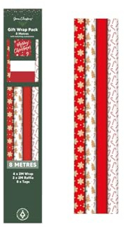 RSW Christmas 8 Metre Gift Wrap Pack – 4 x 2M Wrapping Paper Rolls, 2 x 2M Raffia Ribbons & 8 Tags – Snowflake, Gingerbread & Candy Cane Designs