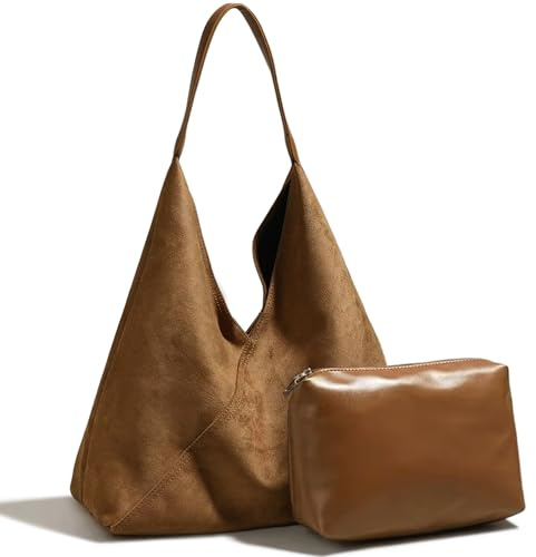 Gluckstar 2er Set Shopper aus Wildlederoptik Mittelgroße Schulter und Henkeltasche mit separatem Make up Beutel Eleganter Alltagshopper für Arbeit Reisen und Freizeit (Braun)