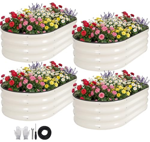 ZORMY Raised Garden Bed Outdoor - 4×2×1ft Metal Planters Outdoor,Oval Raised Garden Kits,Metal Raised Beds with Safety Edging and Gloves for Vegetables Fruits and Flowers (white, 4×2×1ft-4Pack)