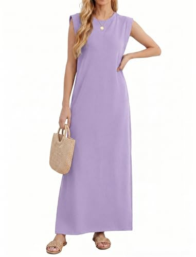 Enmain Vestito Lungo Estivo Donna Elegante Senza Maniche Collo Rotondo Vestiti Casual da Donna Viola Chiaro con Tasche Laterali e Fessure Elastico Anti-Rughe per Vacanze Tempo Libero Taglie XL