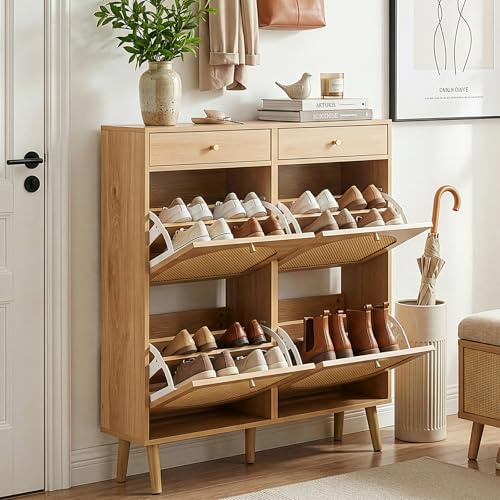 Bonnlo Large Rattan Shoe Storage Cabinet, 4 Flip Bins + 2 Drawers Shoe Cabinet in Natural Wood, Extra Wide Hallway Organiser with Adjustable Shelves