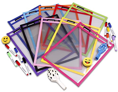 10 Reusable Worksheet Covers A4 Paper | Large Dry-Wipe Pockets 14x10 in. | PET Recyclable Ecological | 10 Colours, 10 Pens, 2 Rubbers and 2 Balloons | School Supplies, Stationery, Nursery, Playgroup