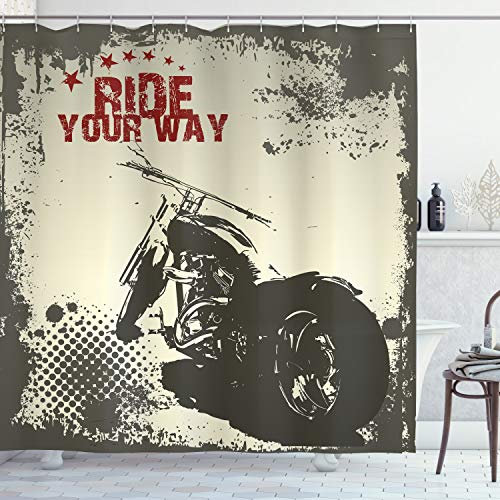 ABAKUHAUS Grau Duschvorhang, Abenteuer mit Motorrad, Stoffliches Gewebe Badezimmerdekorationsset mit Haken, 175 x 240 cm, Anthrazit grau Kastanienbraun