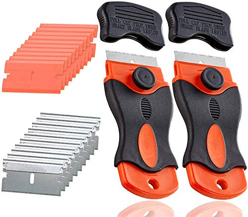 QitinDasen 2Pcs Premium 1.5 Rasierklingen Schaber Werkzeug mit 10Pcs Stahl Klingen und 10Pcs Kunststoff Klingen, Ceranfeldschaber, Glasschaber, Kochfeldschaber, Vignettenschaber