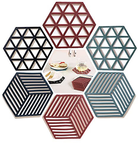 VEGCOO Silicone Table Mat, 6PCS Trivet Non-Slip Pot Holder Coasters Cup Mat for Kitchen Table, Pad Hot Pads, Spoon Rest, Cooking & Dining (3 diamonds + 3 stripes)
