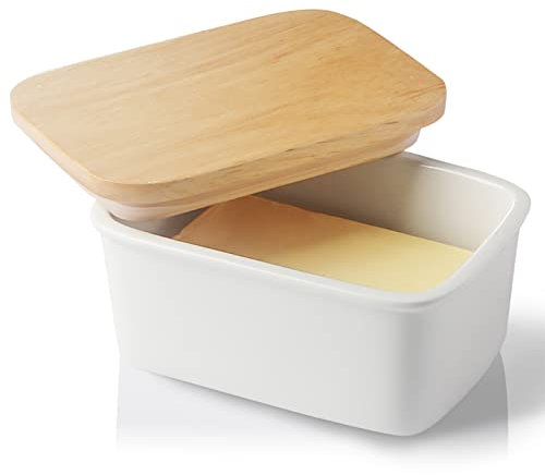 Sweejar Home Porcelain Butter Dish with Lid, Airtight Large Butter Keeper with Wooden Lid, Butter Container Perfect for 2 Sticks of Butter West or East Coast Butter (White)