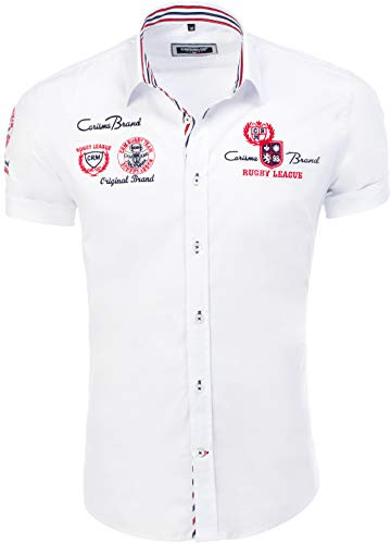 Carisma Camicia da Uomo a Maniche Corte in 97% Cotone Con Ricamo - Per il Tempo Libero ed Estate, Bianco, L