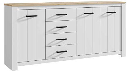 FORTE Elara Kommode mit 3 Türen und 4 Schubladen, Holzwerkstoff, Weiß Matt / Bianco Eiche, 206 x 95,7 x 42,2 cm