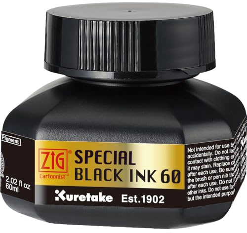 Kuretake Zig Special Black Ink 60ml, for dip Pen, Brush, Drawing, Calligraphy, Illustration, Lettering, for Professional, Artists, Manga, Made in Japan