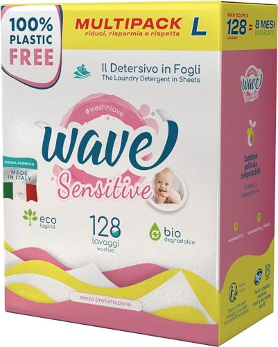 Wave Washing Sensitive – Das Waschmittel in Tuchform – 100% PLASTIKFREI – Multipack L – 128 Wäschen - Ökologisch - Biologisch Abbaubar - Kompostierbar