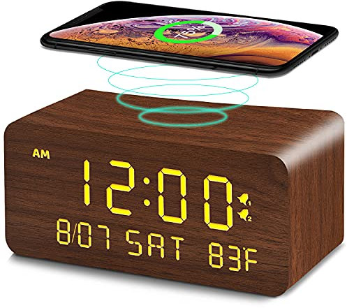 Andoolex Digitaler Wecker aus Holz mit kabellosem Laden, 0-100% einstellbarer Helligkeitsdimmer und Alarmlautstärke, Wochentag/Wochenendmodus, Dual-Alarm, Schlummerfunktion, 12/24H, Holz-LED-Uhr für