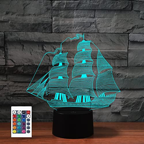 SUPERRUIDALONG 3D Segelboot Fernbedienung 16 Farben Nachtlichter Illusion Acryl LED Tisch Nachttischlampe Kinder Schlafzimmer Schreibtisch Dekor Geburtstagsgeschenke Spielzeug für Kinder
